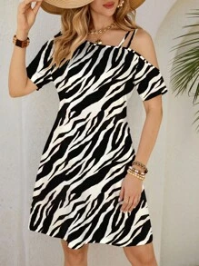 Shutterstock Glamance 女士迷你斑马纹无袖连衣裙，秋季斑马纹连衣裙露肩连衣裙斑马纹连衣裙露肩连衣裙动物印花连衣裙 - 彩色 - 查看 3