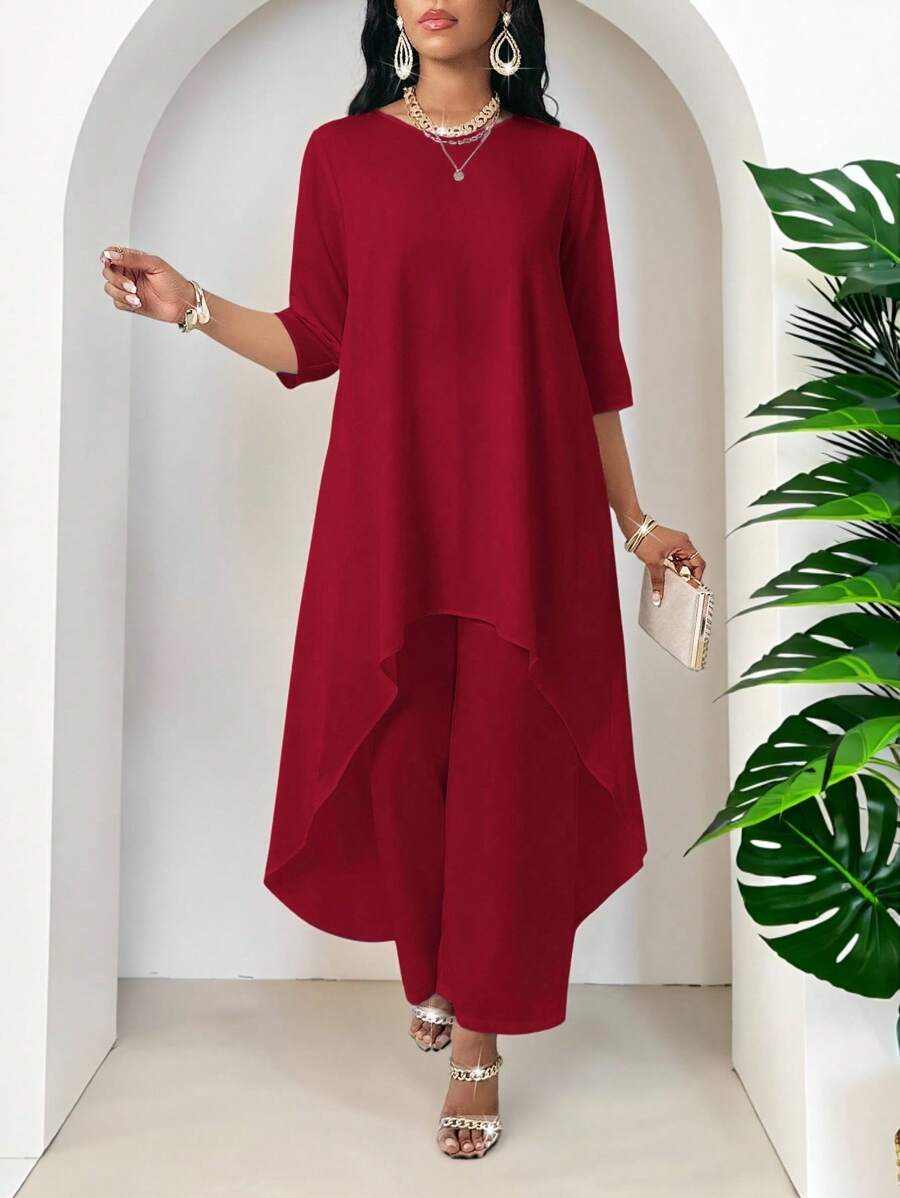 SHEIN Lady Conjunto de 2 piezas de talla grande con top con parte delantera corta y parte trasera larga, y pantalón de pierna ancha, elegante