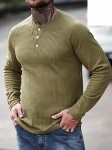 Manfinity CasualCool 男士休闲百搭纯色长袖 T 恤男士亨利衫长袖男士华夫格衬衫，秋冬 - 綠色 - 查看 5