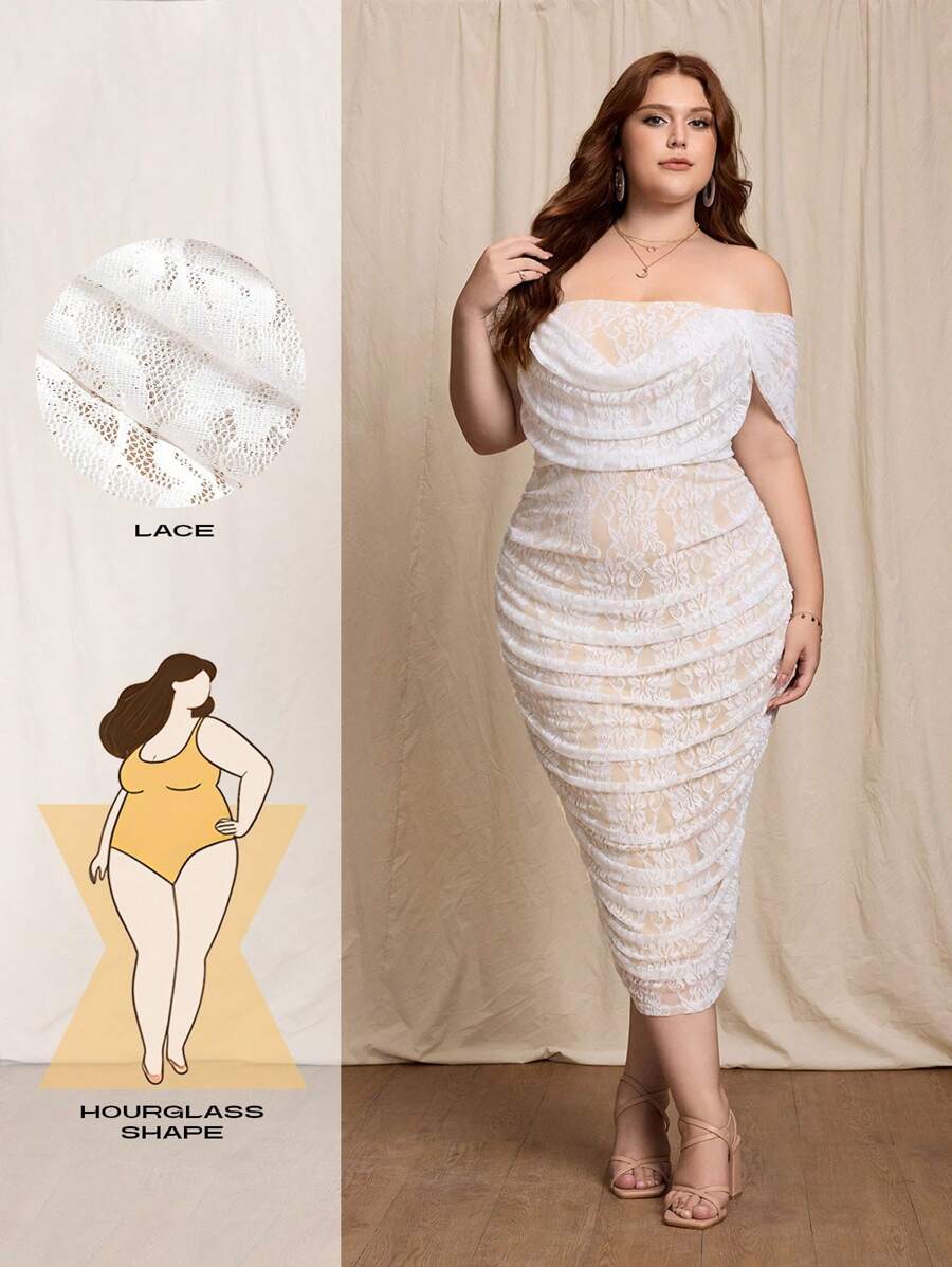 SHEIN MOD Váy xòe trễ vai ren cỡ lớn, chân váy mini - Màu be - Xem 1