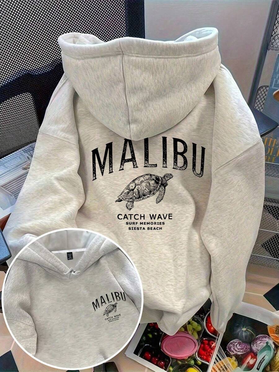 EMERY ROSE Plus Size Women's 'MALIBU' Letter & Sea Turtle Print Hot Selling Drawstring Sweatshirt Fall Winter Autumn - Light Grey - View 1