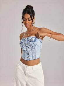 SHEIN Tall Women's Single-Breasted Frayed Hem Cropped Denim Camisole Top - Light Wash - View 3