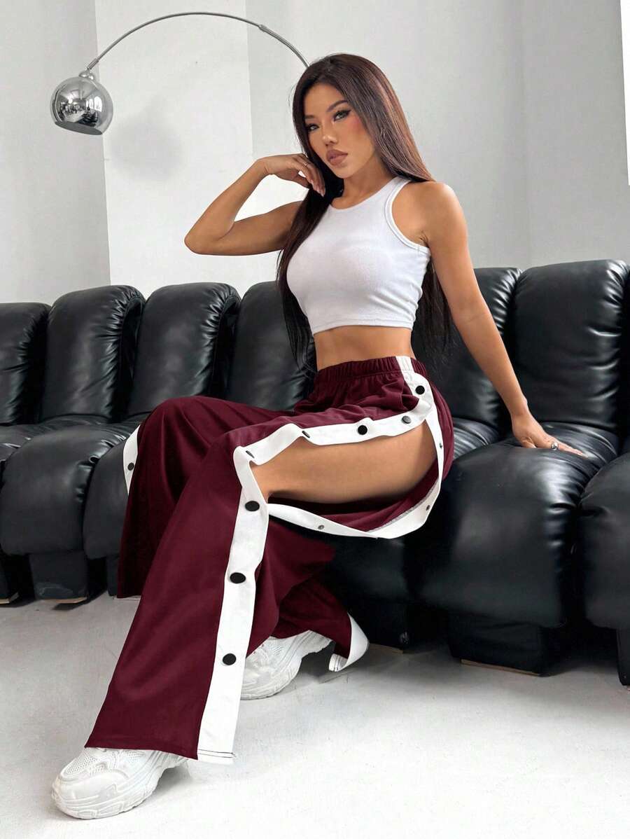 SHEIN EZwear 女式休闲勃艮第色块侧扣宽松裤 - 酒紅色 - 查看 1