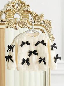 SHEIN 可爱 Babygirl 休闲百搭米色针织蝴蝶结圆领长袖套头衫，适合日常穿着和外出，春秋季