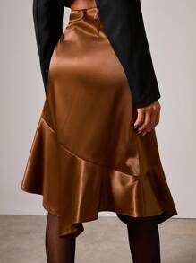 COSMINA Women's Elegant Satin Asymmetrical Skirt, Autumn/Winter - Brown - View 2