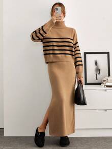 EURMUSE Damen-Set mit Streifenmuster, hohem Halsausschnitt, geripptem Detail, Pullover und Pulloverrock, Drop-Shoulder