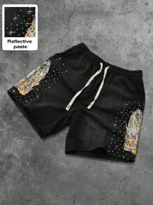 ROMWE MEN Street Life Men's Street Style Distressed Flame Graphic Print Shorts - Black - View 1