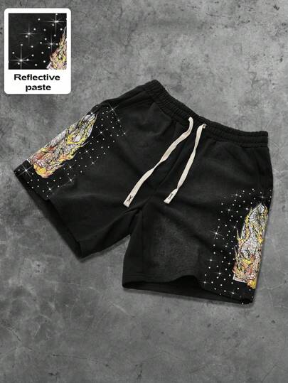 Goth Pantalones cortos con estampado gráfico de llamas desgastados, estilo urbano para hombres
