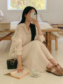 DAZY 2件套简约百搭轻便女士长裙和衬衫套装 - 杏色 - 查看 6