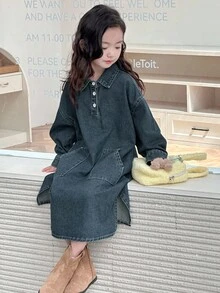 DAZY Vestido de manga larga con cuello regular, estilo coreano para niñas, para otoño/invierno - Azul lavado medio - Ver 6