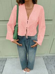 SHEIN Clasi Kemeja Kasual Musim Panas Wanita Warna Polos dengan Bordir Tiga Dimensi dan Ikatan Depan - Dusty Pink - View 6