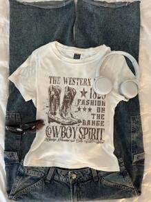 Attitoon 休闲圆领短袖修身女式T恤，适合夏季，牛仔印花，牛仔靴印花 - 白色 - 查看 1