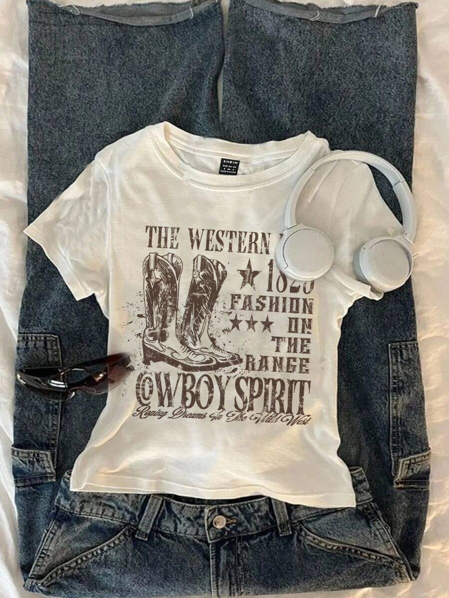 Attitoon 休闲圆领短袖修身女式T恤，适合夏季，牛仔印花，牛仔靴印花 - 白色 - 查看 1