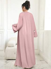 Al Najma 撞色装饰碎花刺绣系带和服长袍 - 粉色 - 查看 6