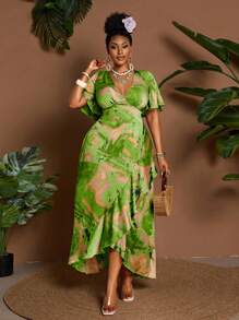 Maweii 大码扎染印花荷叶边下摆休闲度假连衣裙