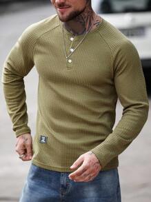 Manfinity CasualCool 男士休闲百搭纯色长袖 T 恤男士亨利衫长袖男士华夫格衬衫，秋冬 - 綠色 - 查看 1