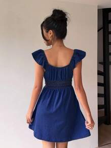 Aloruh 女式可爱牛仔迷你连衣裙，休闲修身，蓝色 - 深色水洗藍 - 查看 2