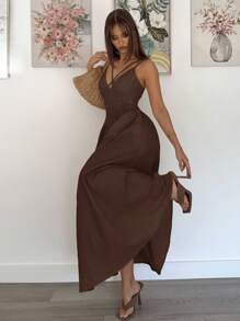 Siren Gaze Trang phục giáo viên cho phụ nữ, váy dài chữ A, eo, váy đi chơi cho khách dự tiệc cưới, váy vàng bơ, váy vàng bơ, phong cách quý tộc cổ điển, váy xếp nếp thanh lịch, thiết kế chéo màu trơn cho nữ - Cà phê nâu - Xem 4