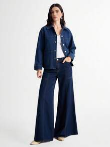 Daynim 女式长袖单排扣口袋休闲牛仔衬衫