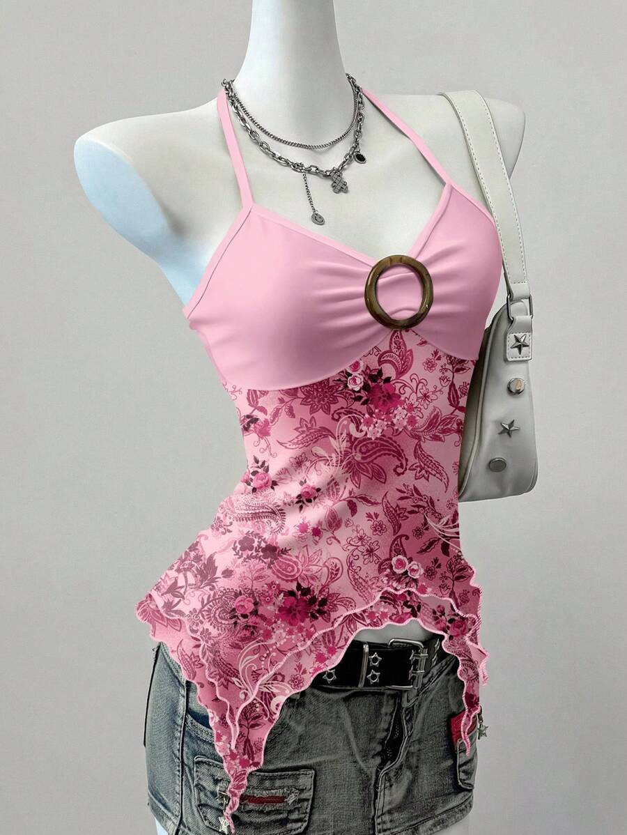 SHEIN EZwear 休闲简约粉色花卉图案可爱性感女式背心，适合夏季 - 粉色 - 查看 1