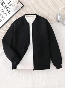 SHEIN 1pc Tween Boy Casual Sports Academy Basics Black Baseball Jacket With Thickened Grab Material Fabric For Up, Toddler, Back To School, Suitable For Birthday Party, Evening Party, Performance, Wedding, Baptism, Opening Ceremony, Suitable For Daily Use, School, Travel, Sports, Spring, Autumn And Winter - Black - View 2