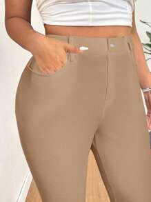 SHEIN EZwear 大码女式休闲纯色紧身裤，百搭简约 - 卡其色 - 查看 6