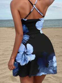 SHEIN SXY 蓝色芙蓉印花细肩带迷你连衣裙，适合节日、音乐节、海滩度假、浪漫、夏季迈阿密女孩 - 彩色 - 查看 2