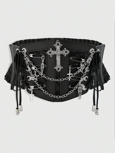 1pc Women's Black Lace Chain Skeleton Cross Tie Decor Goth Style Elastic Waist Belt Dress Accessory, Halloween Costume Accessory