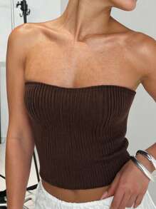 INAWLY Top tubo ajustado y sexy de punto marrón para mujer - Marrón - Ver 3