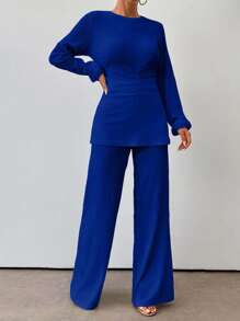 EURMUSE Women's Solid Color Round Neck Lantern Sleeve Ruched Waist Top And Wide Leg Pants Fashion 2 Pieces Set - Navy Blue - View 5