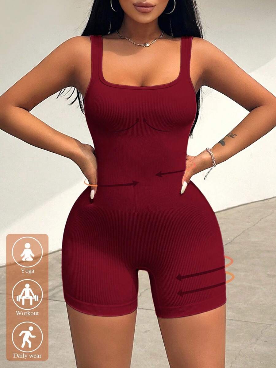 BamGleam Women's Solid Color Sleeveless Bodycon Romper - Burgundy - View 1