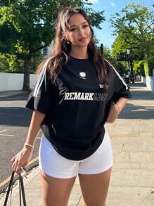 NegzBox Round Neck Striped Side Slit T-Shirt Oversized T-Shirt,Graphic Tees - Black - View 1