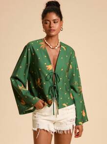 Travachic 女士宽松热带棕榈树印花系带喇叭袖衬衫，秋季女装，波西米亚风格，秋季女装，新款秋季时尚女装，香蕉印花衬衫，绿色图案衬衫，绿色女式衬衫，休闲女装风格，秋季女装，时尚秋季，外出，乡村风格女装 - 綠色 - 查看 5