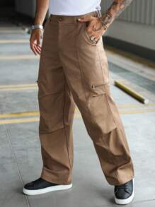 Manfinity EMRG Herren Lässig Plissee Gerade Bein Hose, Straßen-Stil Jugend Weite Cargo Hose Khaki Cargo Hose Braun Cargo Hose Herren Cargo Hose Herren Taktische Arbeitshose