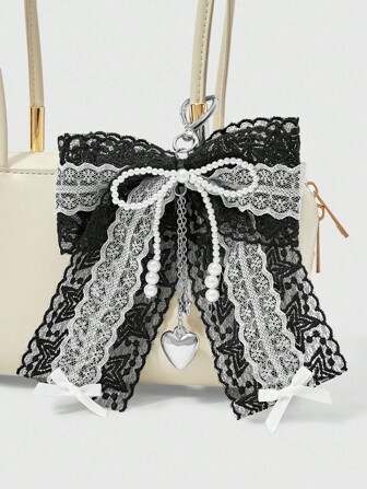 Kawaii 1pc Y2K Retro Fashion Gothic Handmade Beaded Faux Pearl Black & White Lace Ribbon Bowknot Chain CCB Heart Star DIY Keychain Bag Hanging Ornament, Suitable For Women, Daily Wear And Holiday Gifts