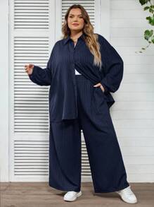 SHEIN CURVE+ 大码休闲纯色衬衫和裤子两件套 - 藏蓝色 - 查看 6