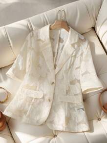 GlowEve Women's Jacquard Lapel NeckHalf Sleeve Single-Breasted Elegant Thin Blazer