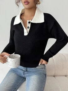 Elenzga 休闲时尚百搭简约日常长袖女式毛衣 - 黑色 - 查看 3