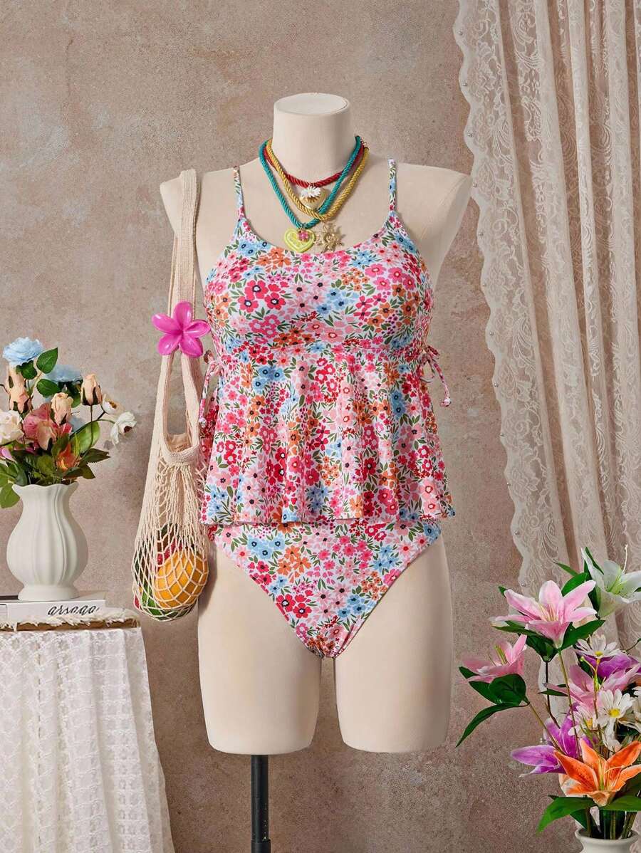 SHEIN Swim 女士高弹甜美碎花节日泳池派对比基尼套装，夏季海滩度假 - 彩色 - 查看 1