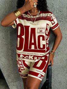 Rovax Bộ 2 áo thun cổ tròn tay ngắn màu tương phản họa tiết chữ phóng đại thường ngày mùa hè cho nữ và quần short - Nhiều màu - Xem 6