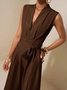 Zivah 2025 Spring/Summer New Apricot Sleeveless Asymmetric Ruched Waist Belt Tie Textured Linen Jumpsuit-B - Brown - View 6