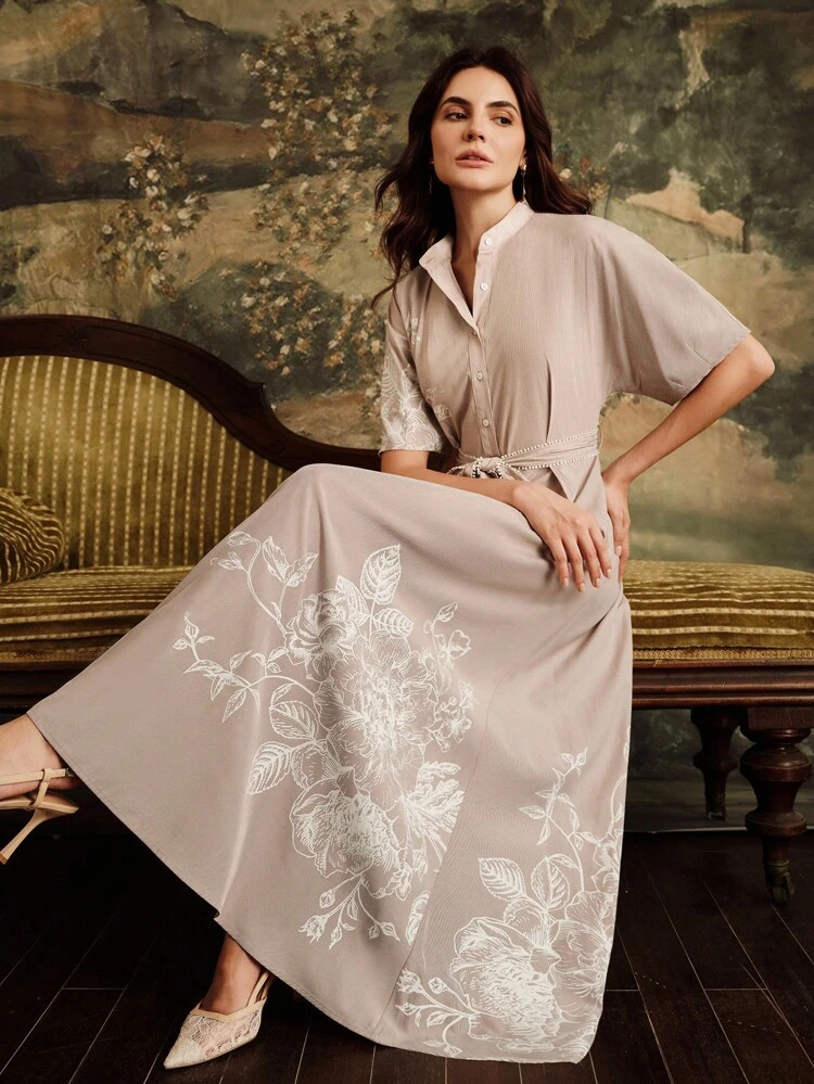 Shirt-Style Printed Dress, Summer Puff Sleeve Short Sleeve Striped Printed Waist A-Line Dress, Women's Airport Casual Dress With Belt, Tie-Waist Slimming Dress