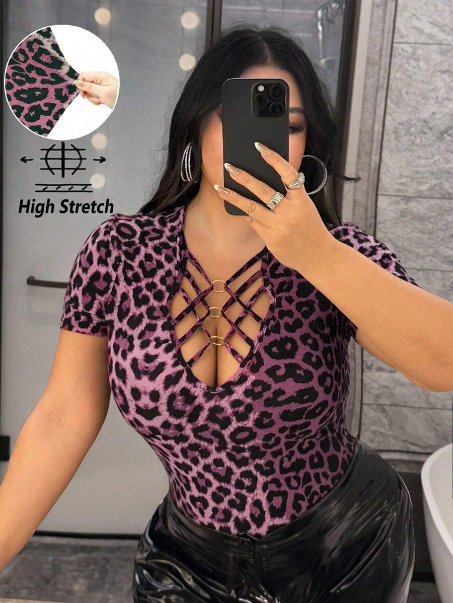 NU&NOW Plus Size Women's Sexy Leopard Print Criss-Cross Hollow Design Versatile Tight Fitting High Stretch Fabric Party Club Nightclub Short Sleeve Casual Top T-Shirt, Spring/Summer