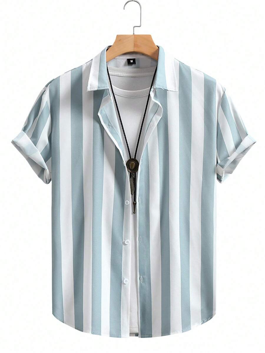 Manfinity Homme 男士条纹单排扣休闲夏季百搭短袖衬衫 - 彩色 - 查看 1