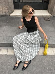 SHEIN EZwear Cotton Y2k Streetwear Color Block Strapless Check Ruffles Trim Sleeveless Women Long Dress,Fall Outfits For Women,Back To School,Boho Women Clothing - Multicolor - View 5