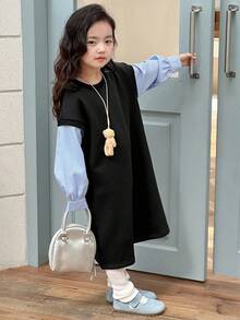 DAZY Vestido curto de manga comprida com decote redondo e contraste de cores para meninas (pequeno)