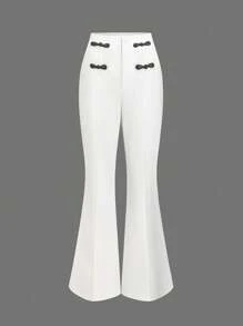 Elenzga Women's Elegant Commuter Casual Flared White Pants With Button Decor, Versatile European Style Suitable For Daily, Casual, Party, Commute And Other Occasions Fall Cloth For Women