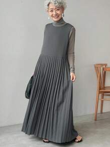 FRIFUL فستان كاجوال بياقة مستديرة وأكمام بلا أكمام، لون رمادي داكن، مزين بطيات في الذيل، مناسب للمكتب والأعمال الرسمية الكاجوال - رمادي غامق - مشاهدة 5