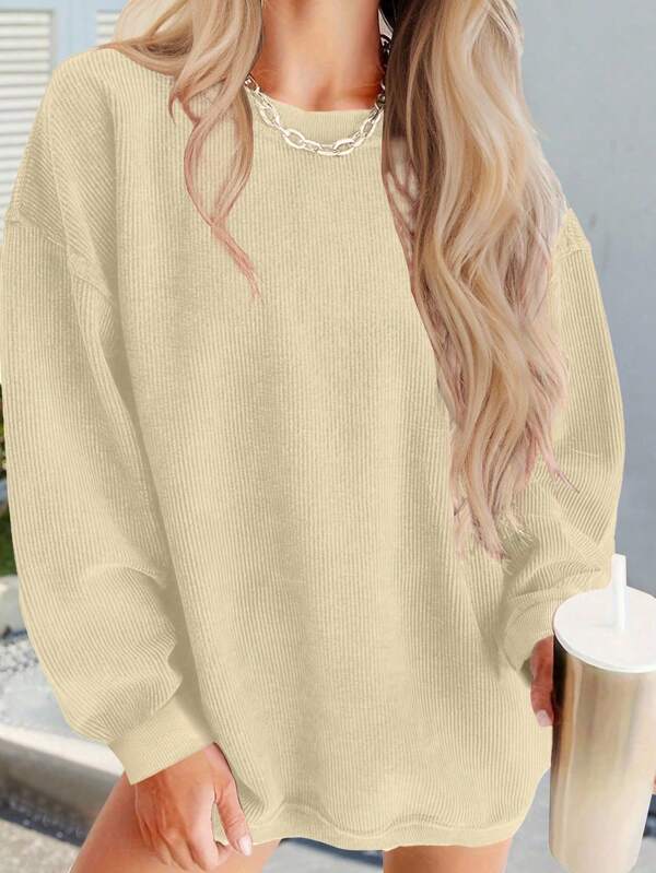 INAWLY 1pc White Minimalist & Fashionable Velour Fabric Round Neck Long Sleeve Loose Fit Sweatshirt For Women, Autumn/Winter Graduation,Back To School Outfits,Graduation,Teacher Outfits For Women,Back To School Pullover Fall Outfit