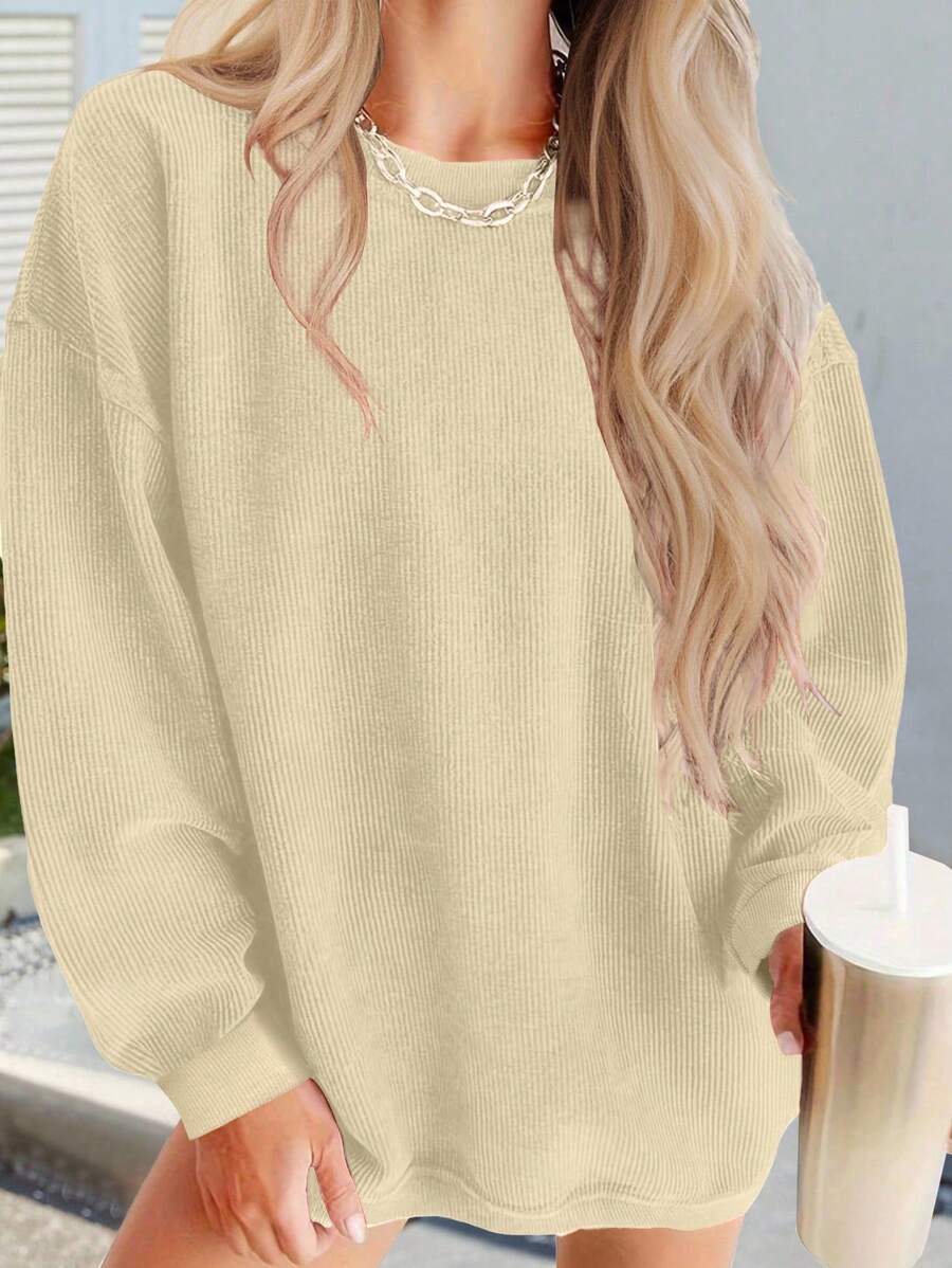 INAWLY 白色简约时尚丝绒圆领长袖宽松女式卫衣，适合秋冬季毕业季、返校季、教师节等场合穿着。 - 杏色 - 查看 1